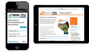 Subscription pages for Homebuilding & Renovating on the iPhone and Plotfinder.net on the iPad.